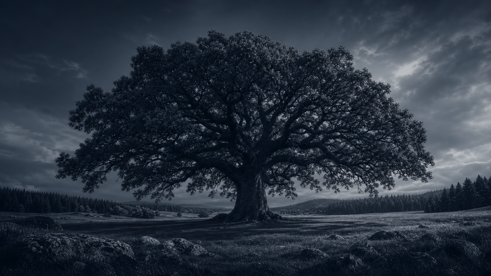 A large oak tree in a quiet prairie landscape for the Rooted family tree view