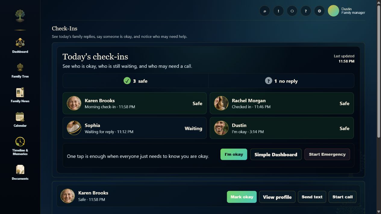 Current Rooted Check-Ins screen showing safe replies and one family member waiting