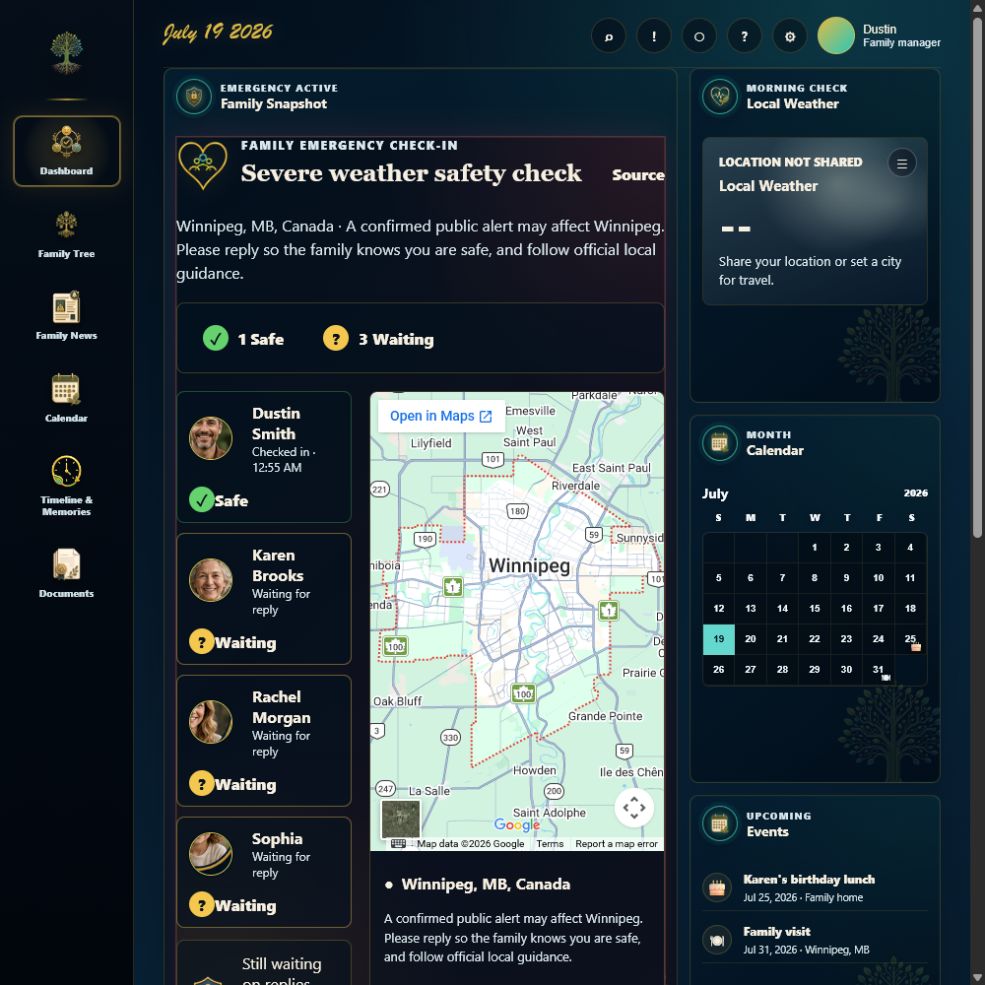 Current Rooted Family Emergency dashboard showing safety replies and a watched location