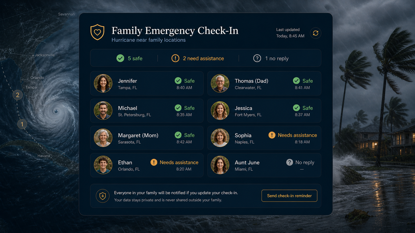 Rooted Family Emergency check-in showing who is safe, who needs assistance, and who has not replied