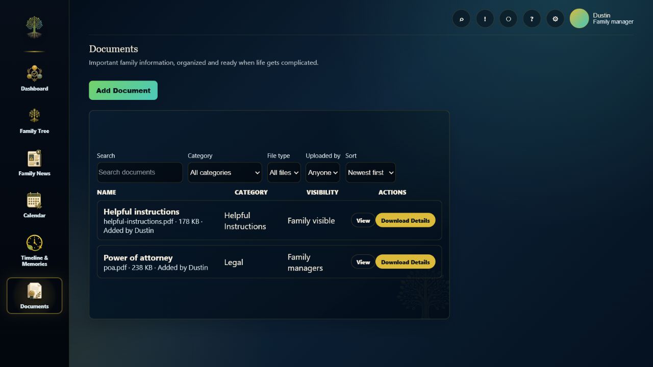 Current Rooted Documents screen with family-visible and family-manager records
