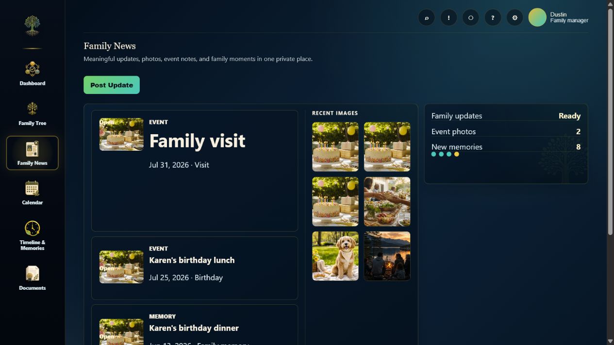 Current Rooted Family News screen with family events, recent images, and updates