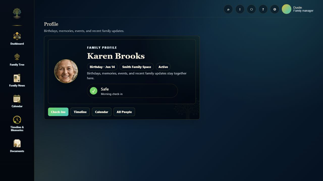 Current Rooted family profile with a check-in status and related family actions